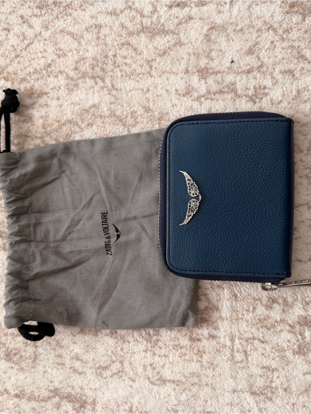 Zadig & Voltaire Navy Blue Leather Zip Card Holder with Silver Wing Emblem